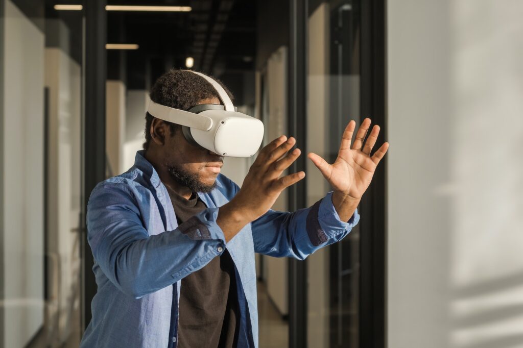 man in vr headset exploring metaverse world touching virtual reality subjects abstract cyber world