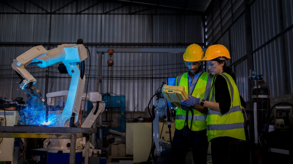 engineer check and control automation robot arms machine in intelligent factory industrial