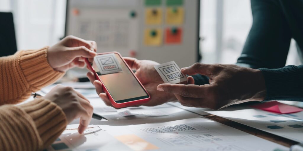 UI UX creative designer team designing wireframe layout for responsive mobile smartphone application