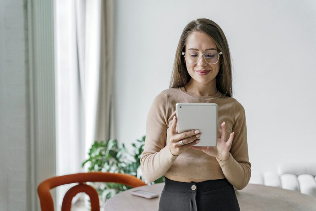 The employee works for a company that consults clients. Freelancer in office clothes in a coworking